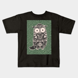 Black and White Folk Art Owl on Green Floral Background - Kids T-Shirt